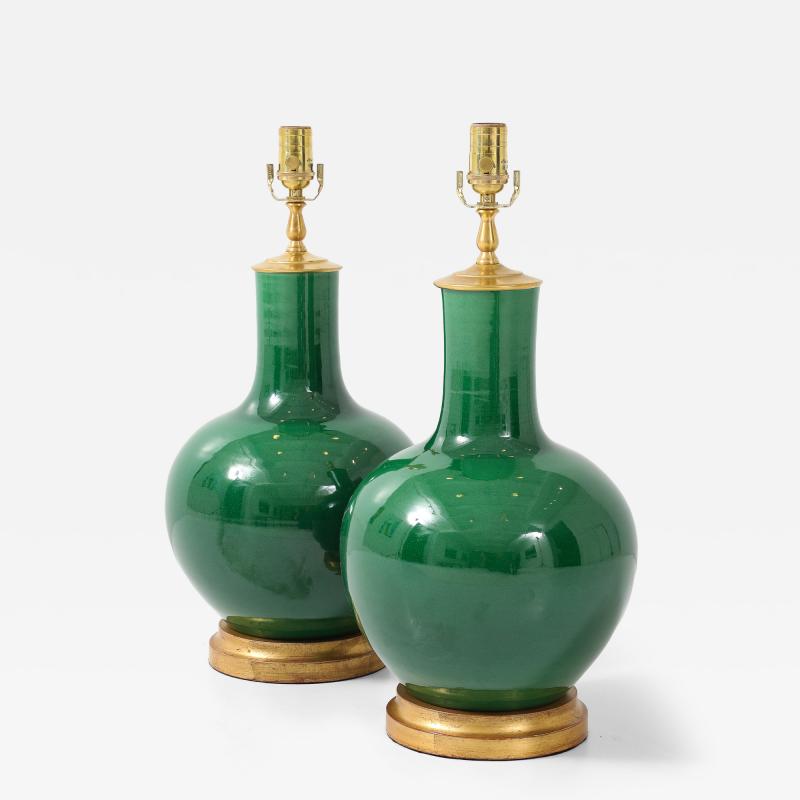 Pair of Emerald Green Glazed Gourd Lamps