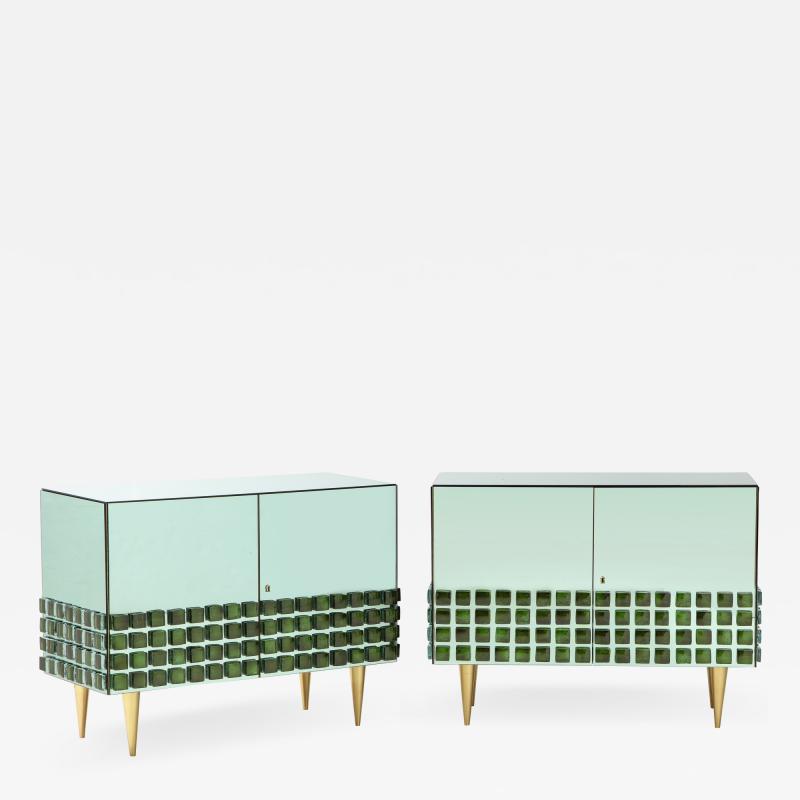 Pair of Emerald Green Mirrored Murano Glass and Brass Sideboards Italy 2021