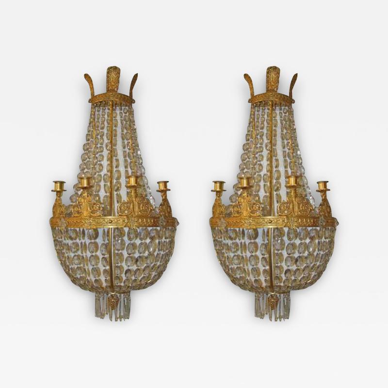 Pair of Empire Bronze and Crystal Sconces