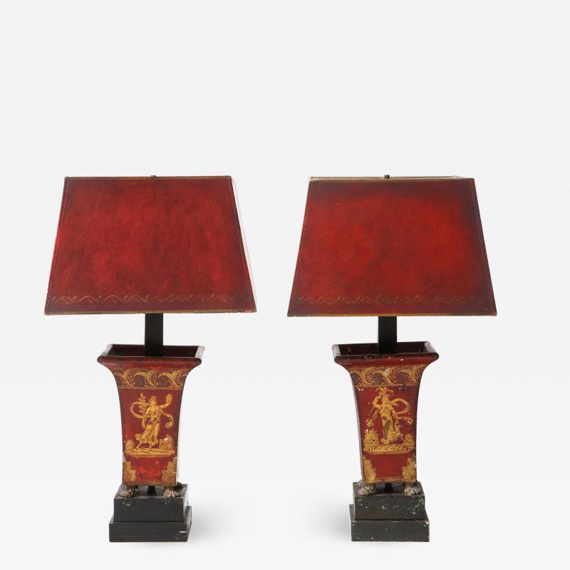 Pair of Empire Red Tole Peinte Cachepots Mounted as Lamps