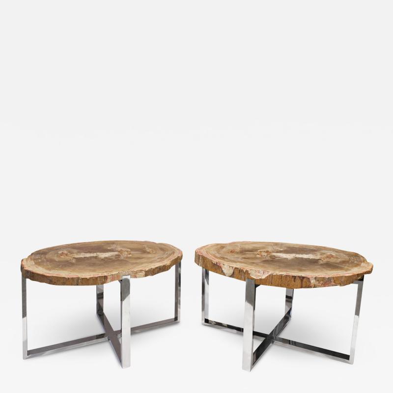 Pair of End Coffee Tables in Polished Chrome with Petrified Wood Tops 1990s