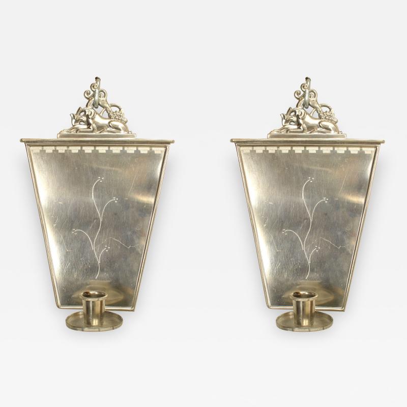 Pair of English Art Deco Pewter Keystone Wall Sconces