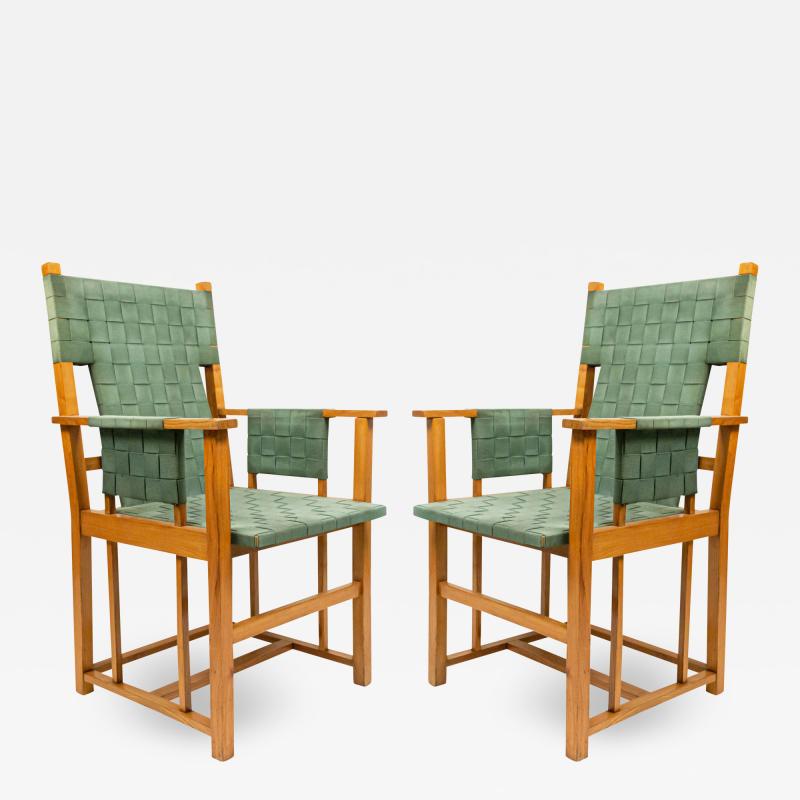 Pair of English Arts Crafts Green Arm Chairs