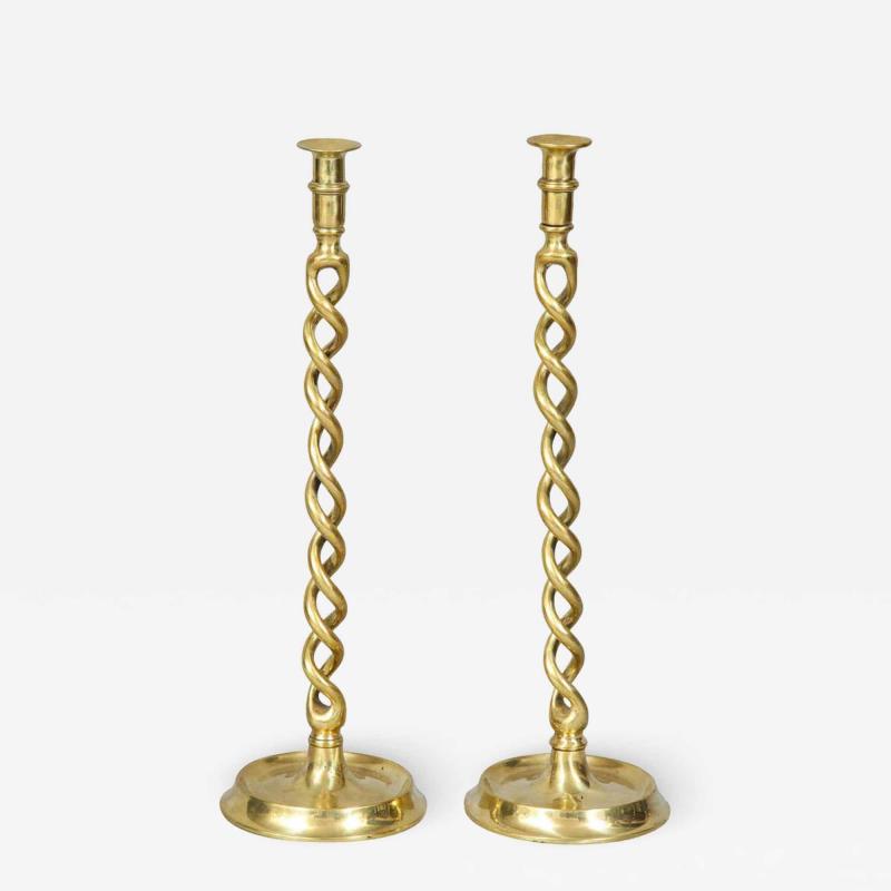 Pair of English Brass Overscale Barley Twist Candlesticks