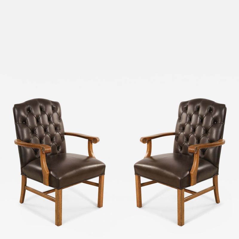 Pair of English Chippendale Style Button Tufted Brown Leather and Oak Armchairs