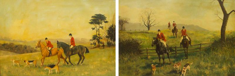 Pair of English Country Hunt Scene Paintings