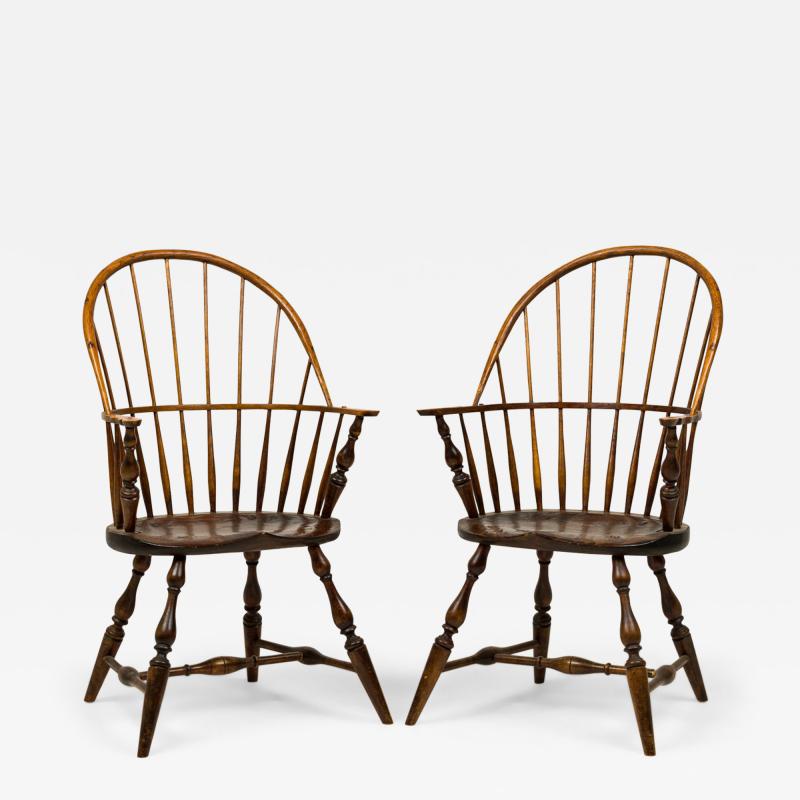 Pair of English Country Windsor Back Carved Oak Dining Armchairs