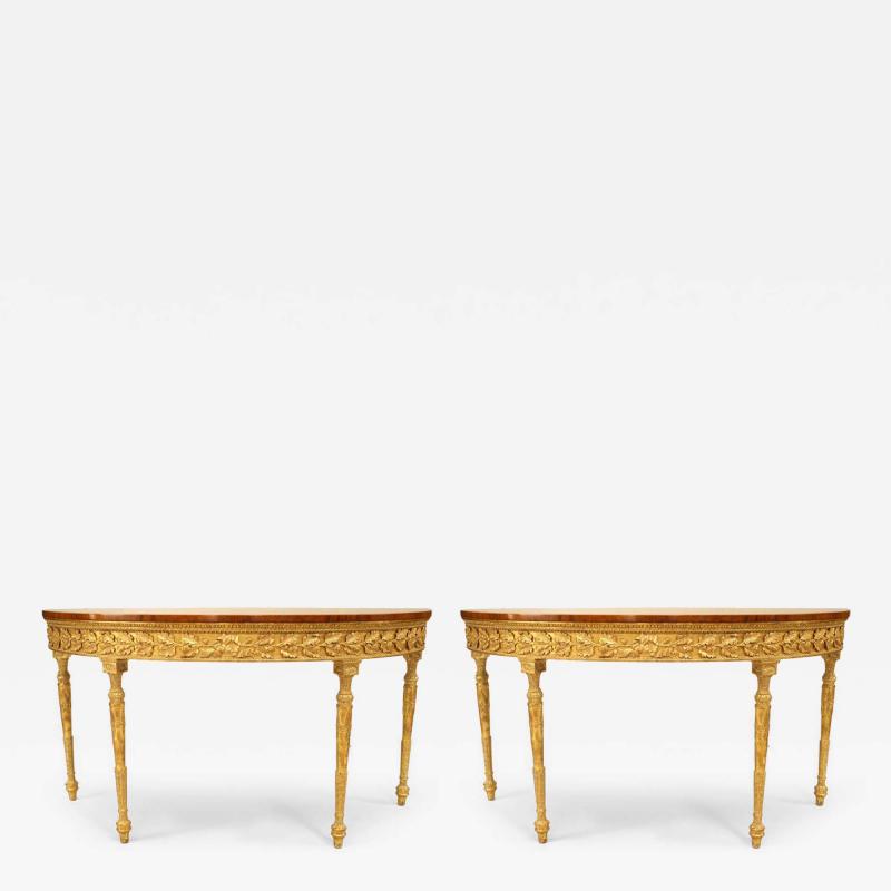 Pair of English Georgian Satinwood Demilune Console Tables