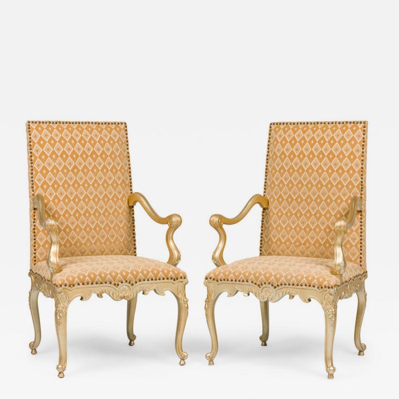 Pair of English Georgian Style Carved Armchairs With Geometric Design Fabric