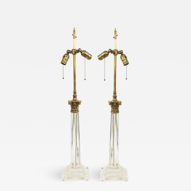 Pair of English Georgian Style Crystal Column Table Lamps