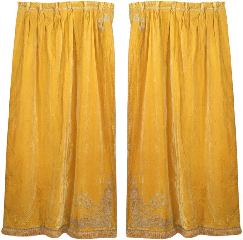 Pair of English Georgian Style Gold Velvet Fringe Lace Drapes