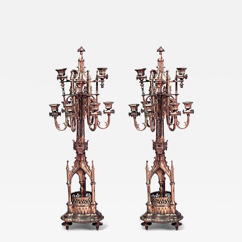 Pair of English Gothic Revival Gilt Bronze Candelabras