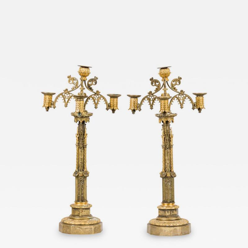 Pair of English Gothic Revival Style Bronze Dore Candelabras