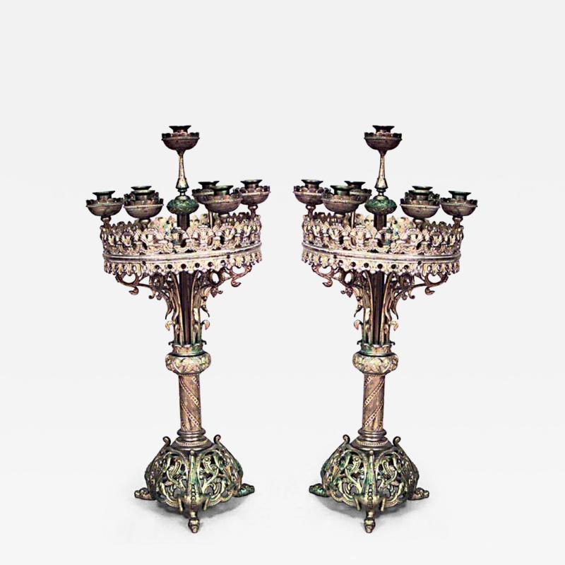 Pair of English Gothic Revival bronze round shaped top 7 arm candelabra
