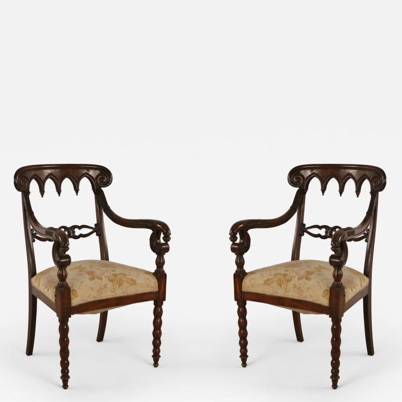 Pair of English Gothic Style Mahogany and Gold Damask Armchairs