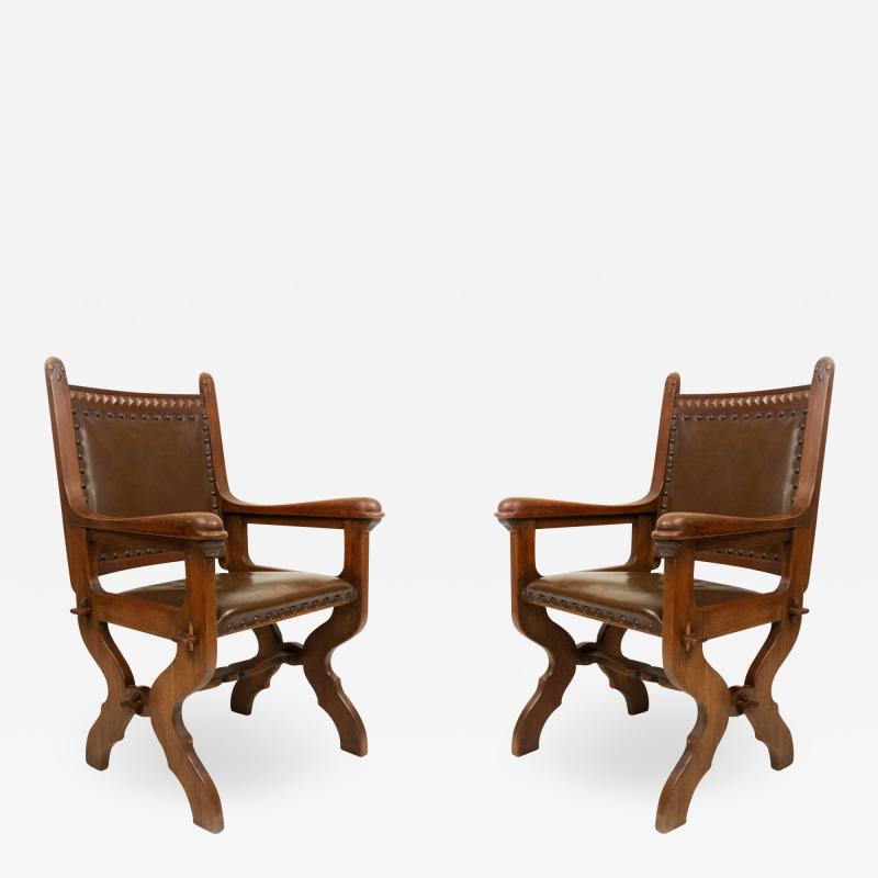 Pair of English Gothic Walnut and Leather Armchairs