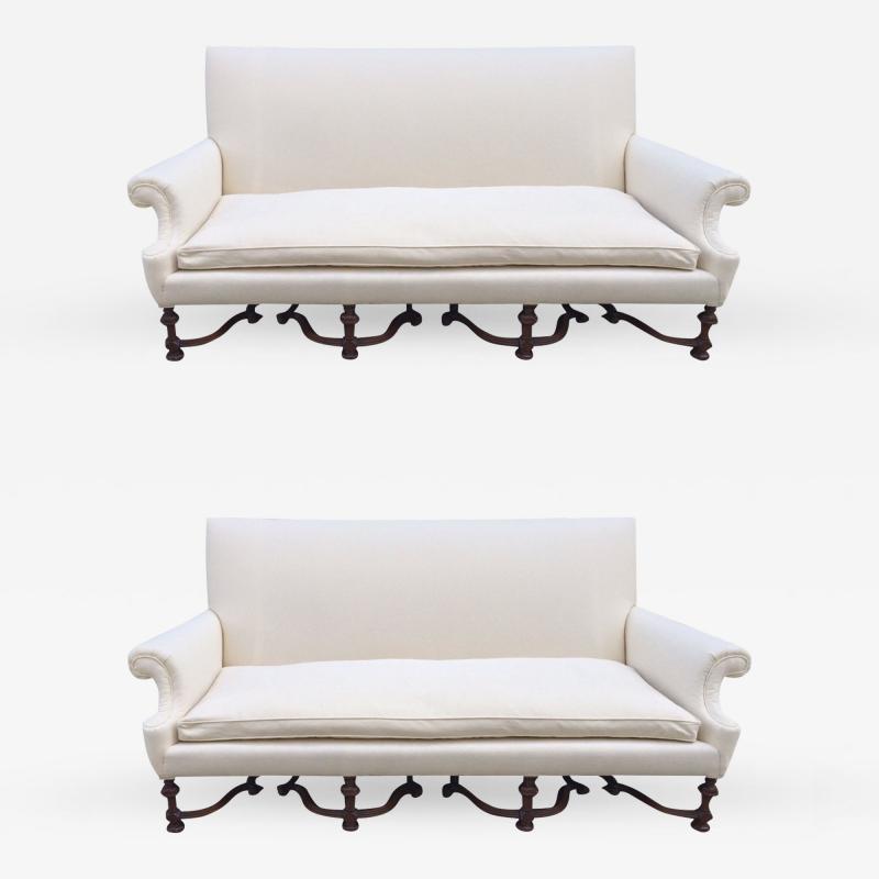 Pair of English High Back Antique Walnut Sofas in Linen