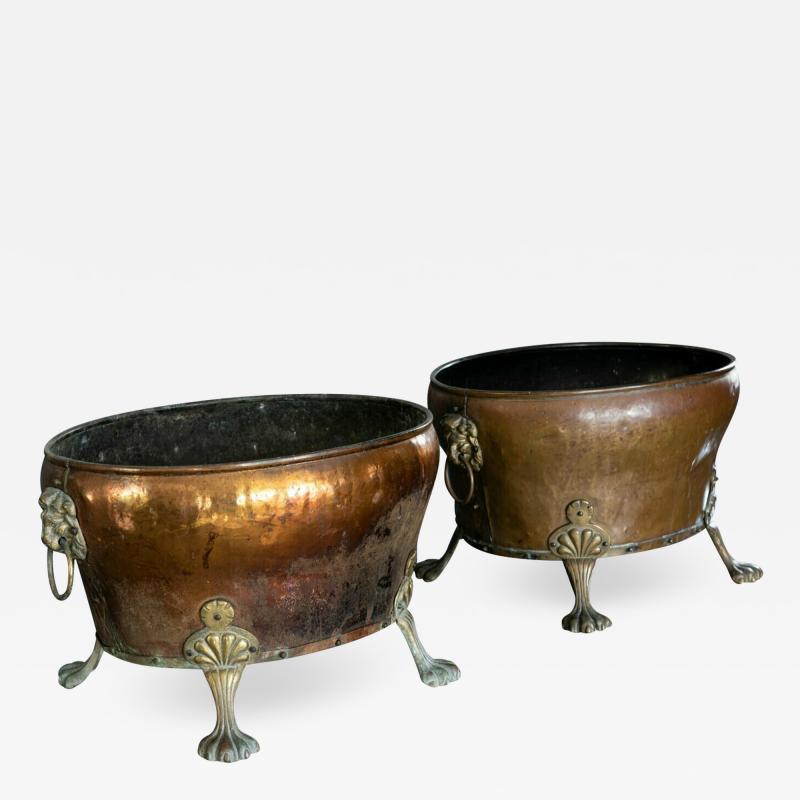 Pair of English Late 19th Century Copper Brass Lion Paw Coal Buckets Planter