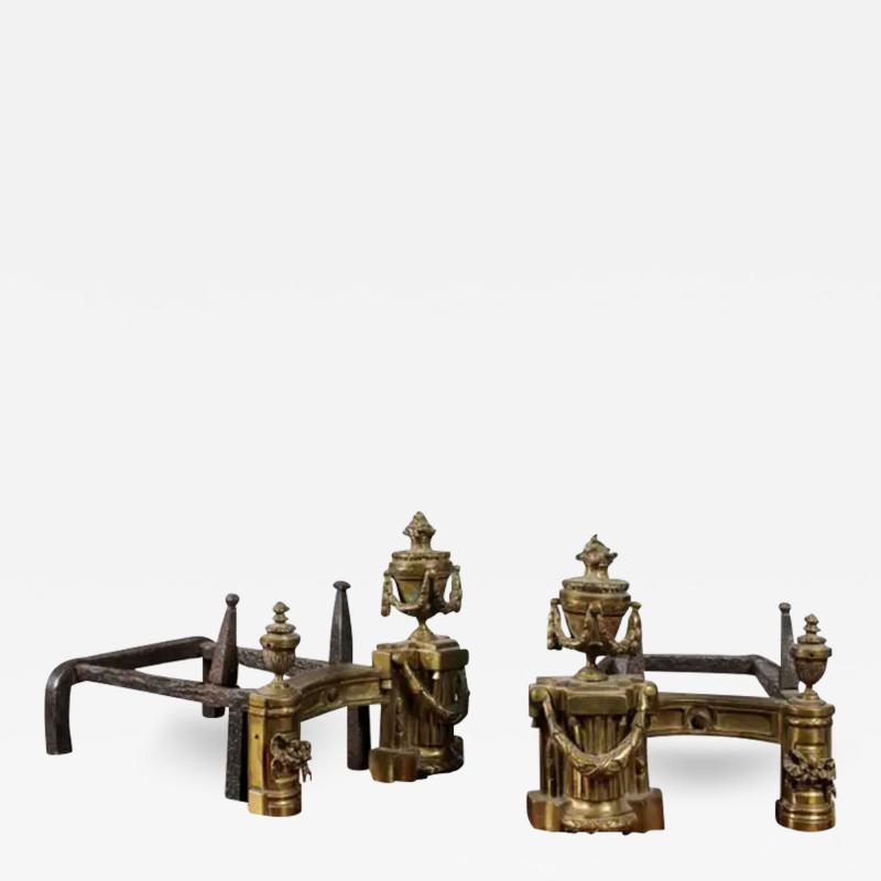 Pair of English Neoclassical Style Brass Andirons circa 1860 with Fire Urns