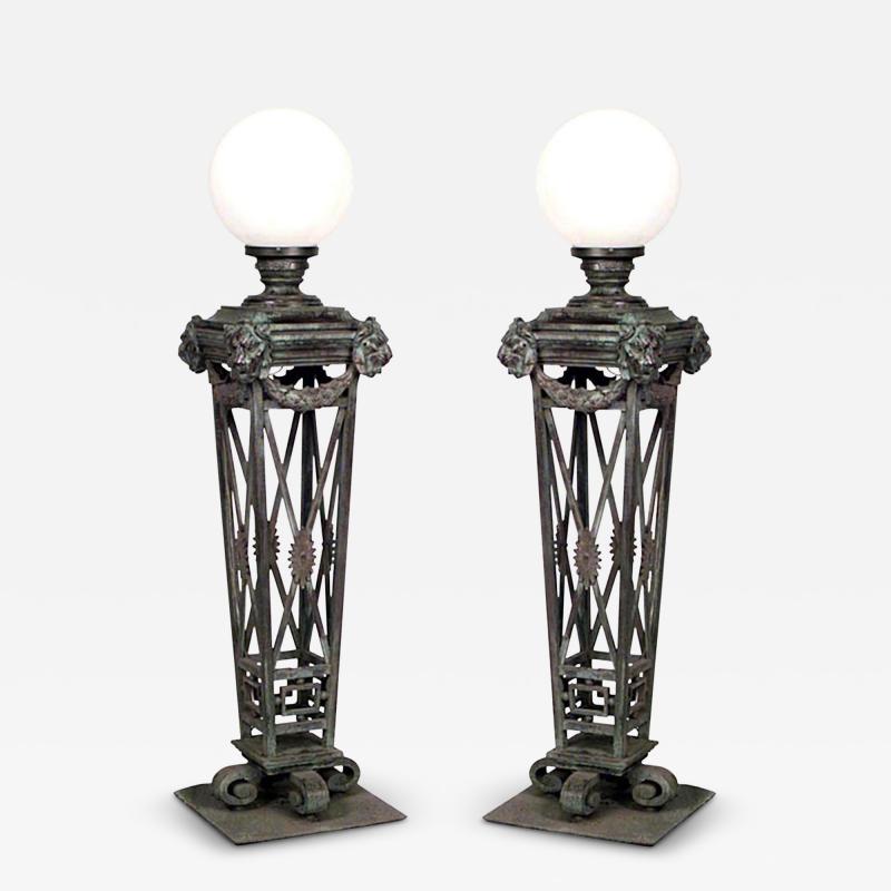 Pair of English Recency Style Outdoor Patinated Bronze Torchieres