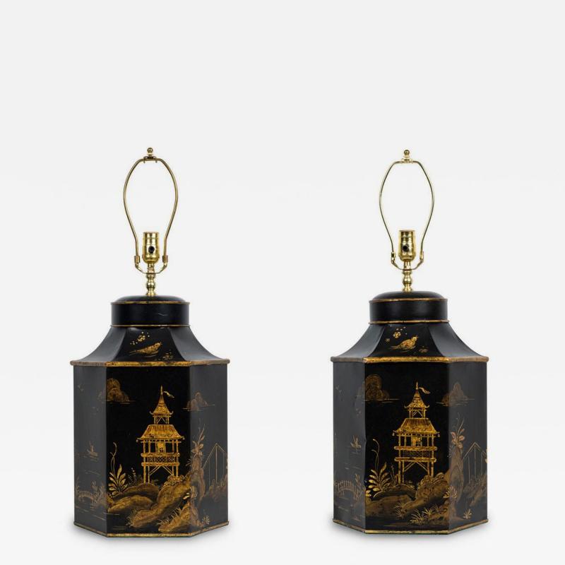 Pair of English Regency Chinoiserie Style Black And Gold Hexagonal Table Lamps