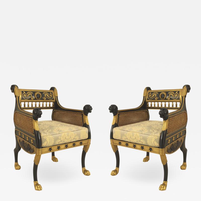 Pair of English Regency Ebonized Berga Arm Chairs