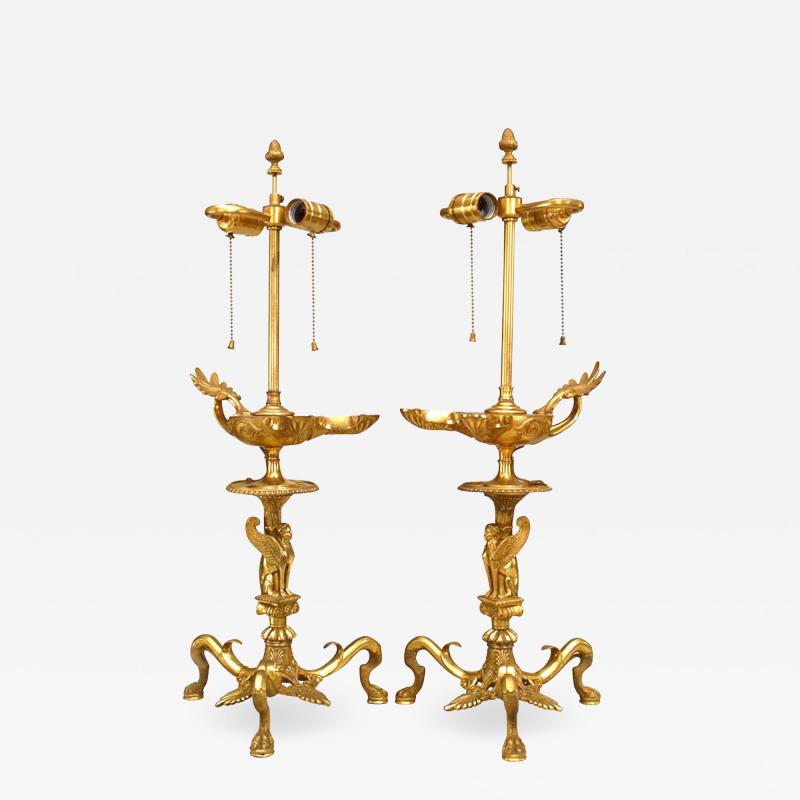 Pair of English Regency Gilt Bronze Sphinx Table Lamps