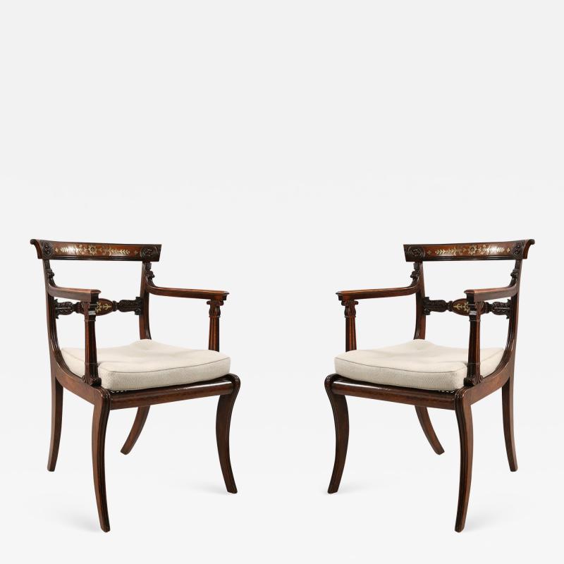 Pair of English Regency Style Brass Inlaid Oak and Cane Armchair