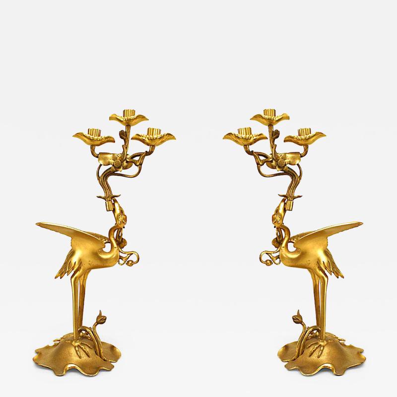 Pair of English Regency Style Bronze Dore Heron Candelabras