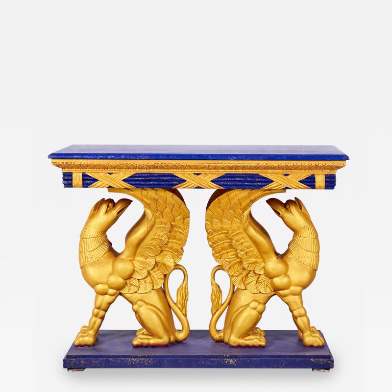 Pair of English Regency Style Gilt Eagle Base and Faux Blue Stone Console Tables