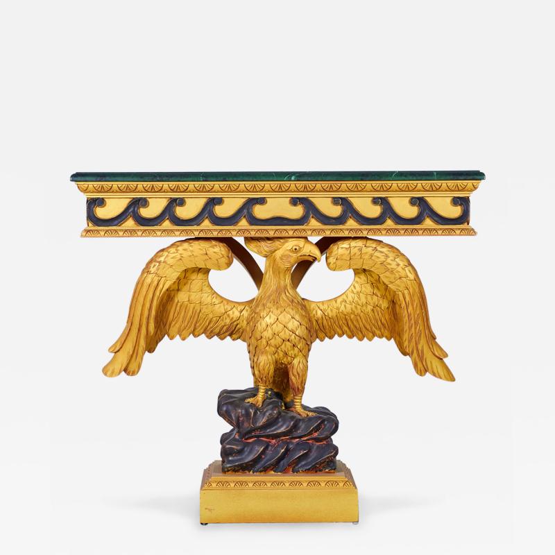 Pair of English Regency Style Gilt Eagle Base and Faux Marble Console Tables