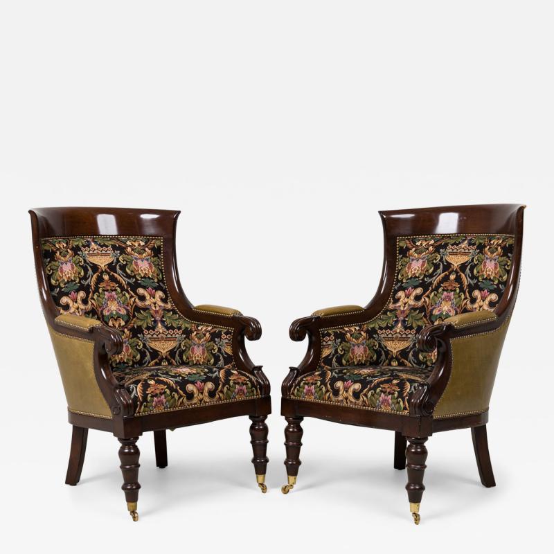 Pair of English Regency Style Upholstered Bergeres in Tapestry Fabric