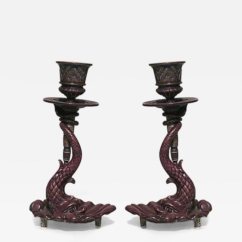 Pair of English Regency dolphin candlesticks