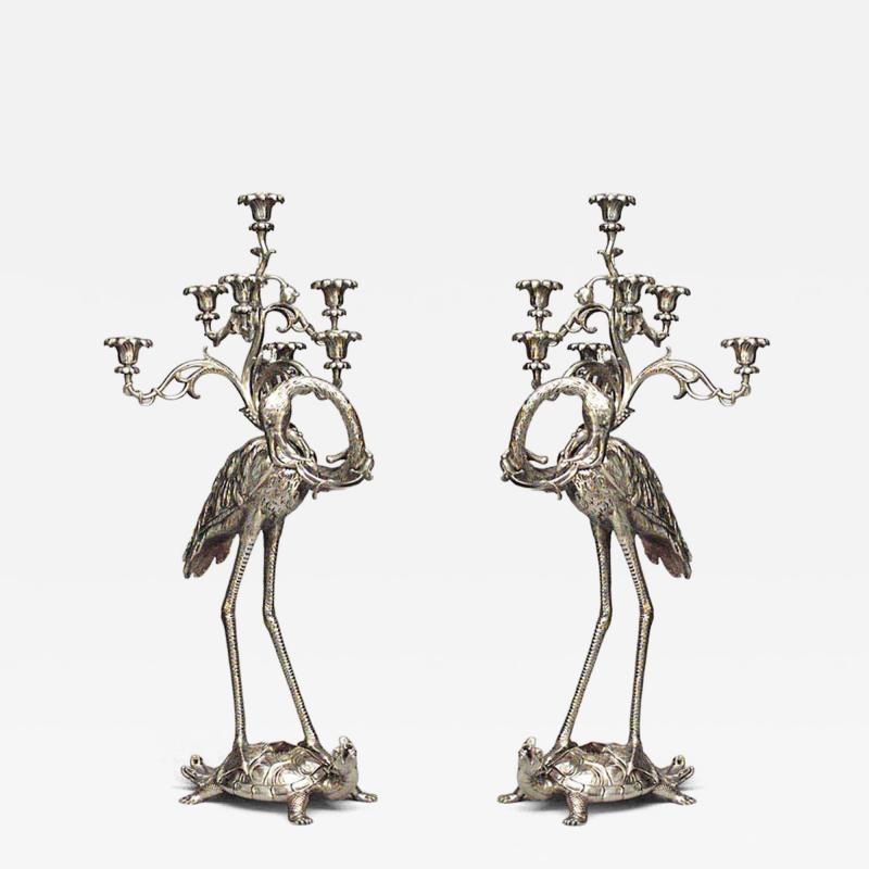 Pair of English Regency style 19th Cent bronze dore herons standing on turtles