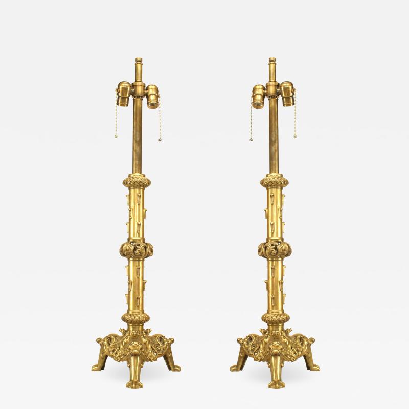 Pair of English Renaissance Style Brass Column Table Lamps
