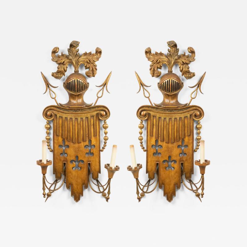 Pair of English Renaissance Style Gilt Metal and Fruitwood Wall Sconces