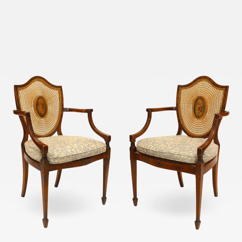 Pair of English Sheraton Satinwood Shield Arm Chairs