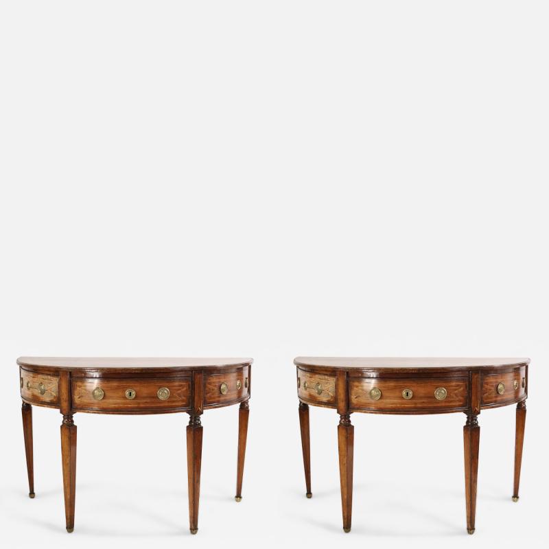 Pair of English Sheraton Style Demilune Inlaid Oak Console Tables