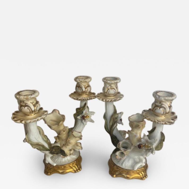 Pair of English Victorian 2 arm Moore porcelain candelabra with a floral design