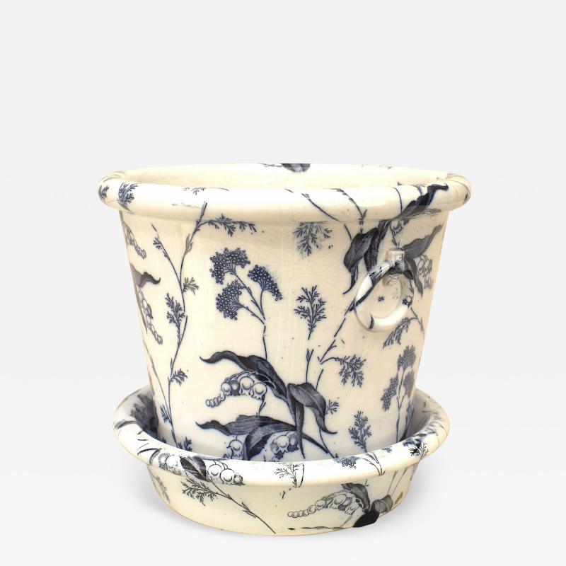 Pair of English Victorian Blue and White Ceramic Pots