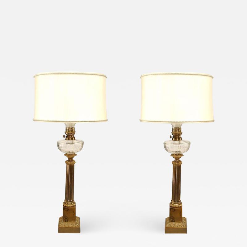 Pair of English Victorian Brass and Crystal Table Lamps