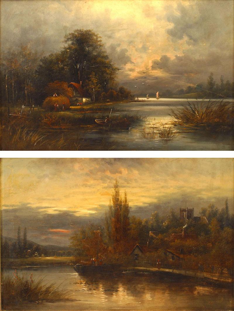 Pair of English Victorian Landscapes of Lake Houses