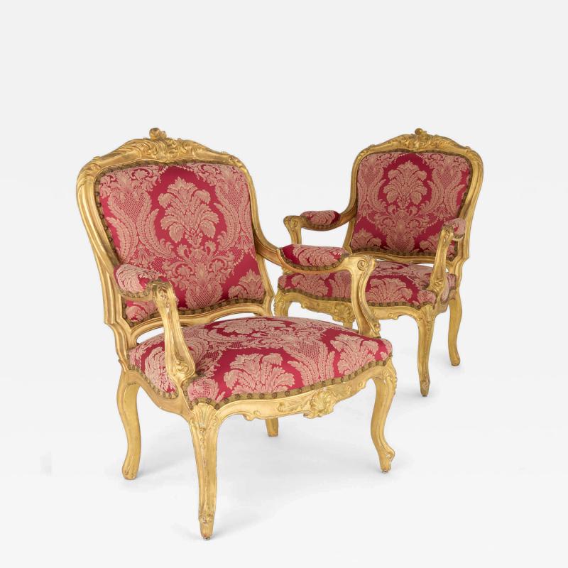 Pair of English Victorian Louis XV Style Giltwood Armchairs English c 1840