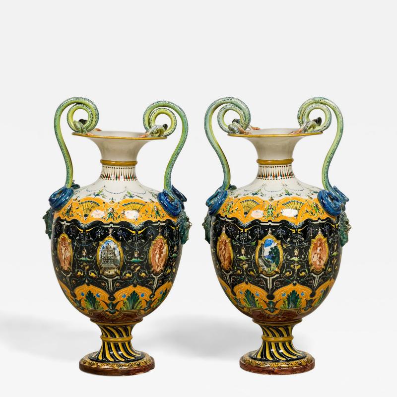 Pair of English Victorian Minton 19th Century amphora porcelain vases with sna