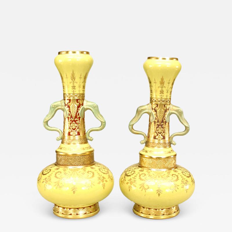 Pair of English Victorian Minton Yellow Porcelain Bottle Vases