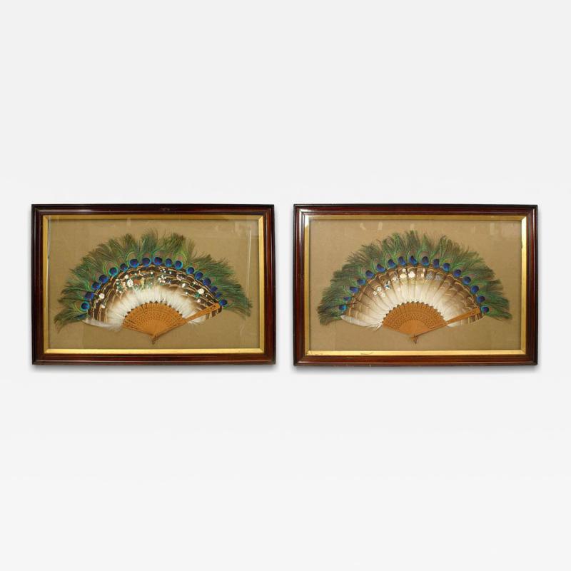 Pair of English Victorian Peacock Feather Fan Wall Plaques