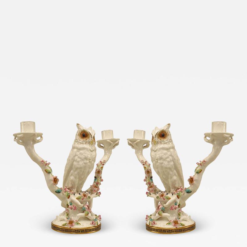 Pair of English Victorian Porcelain Owl Candelabras