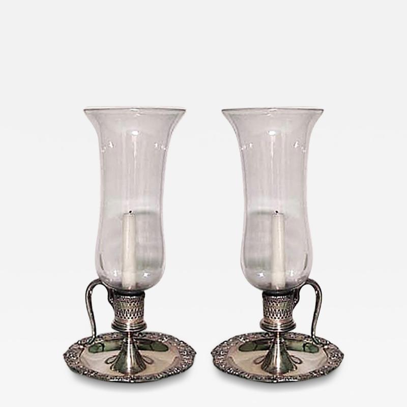 Pair of English Victorian Silver Plate Candlesticks with Hurricane Shades