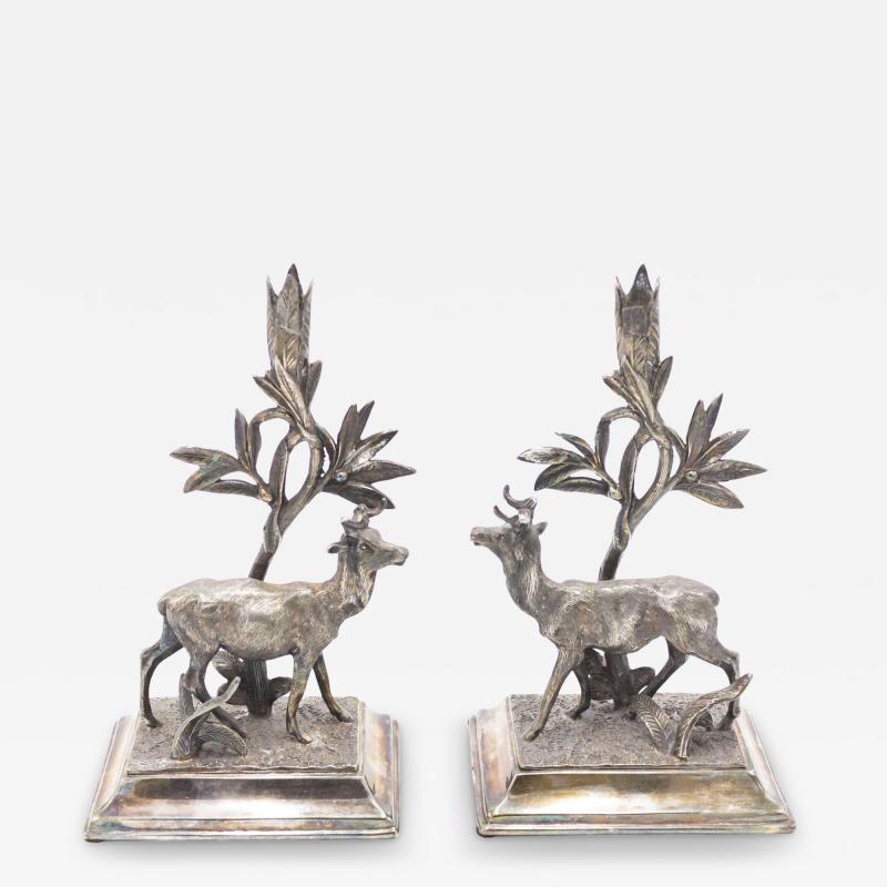 Pair of English Victorian Silver Plate Deer Candlesticks