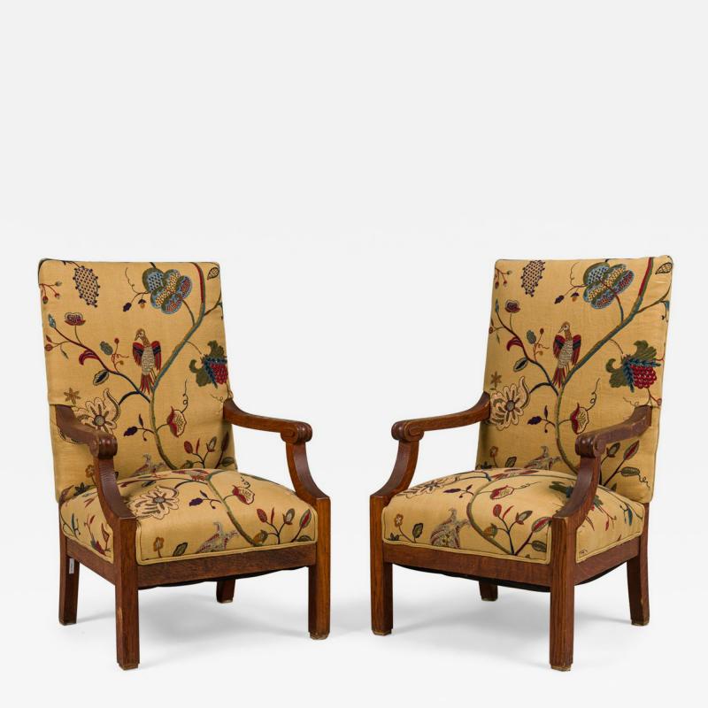 Pair of English oak Arts Crafts Floral Upholstered Armchairs
